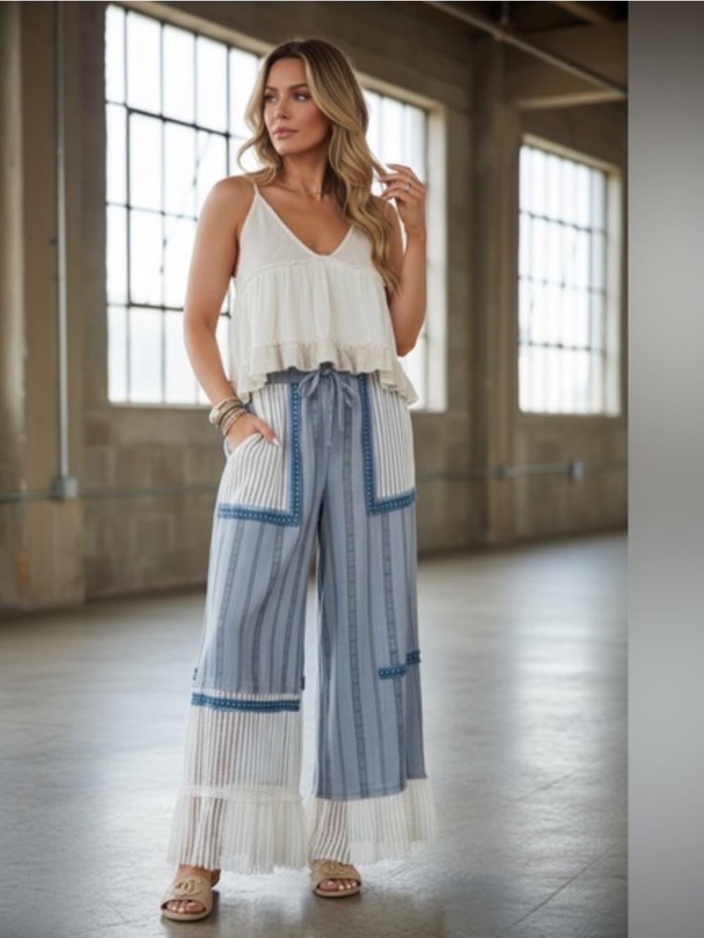 New: POL Boho Mixed Patchwork Lace Detail Wide Leg Pants• Medium